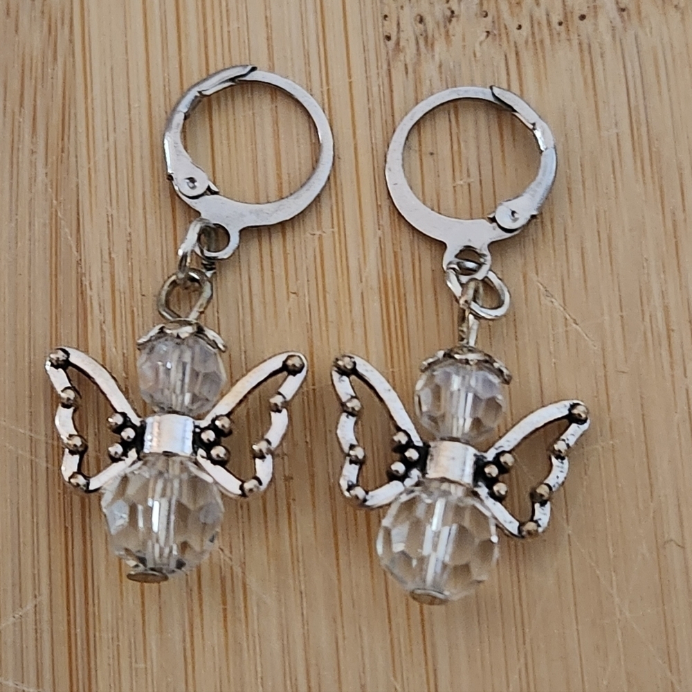 Hand Crafted Earrings Clear Crystal Angel Pierced with Silver Angel Wings